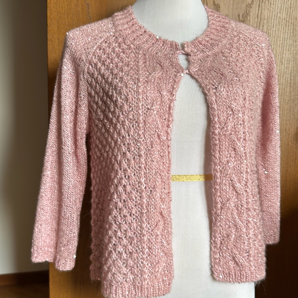 Fever Hand Knit Pink Vintage Cardigan with sequins & 2 small clasps Size M